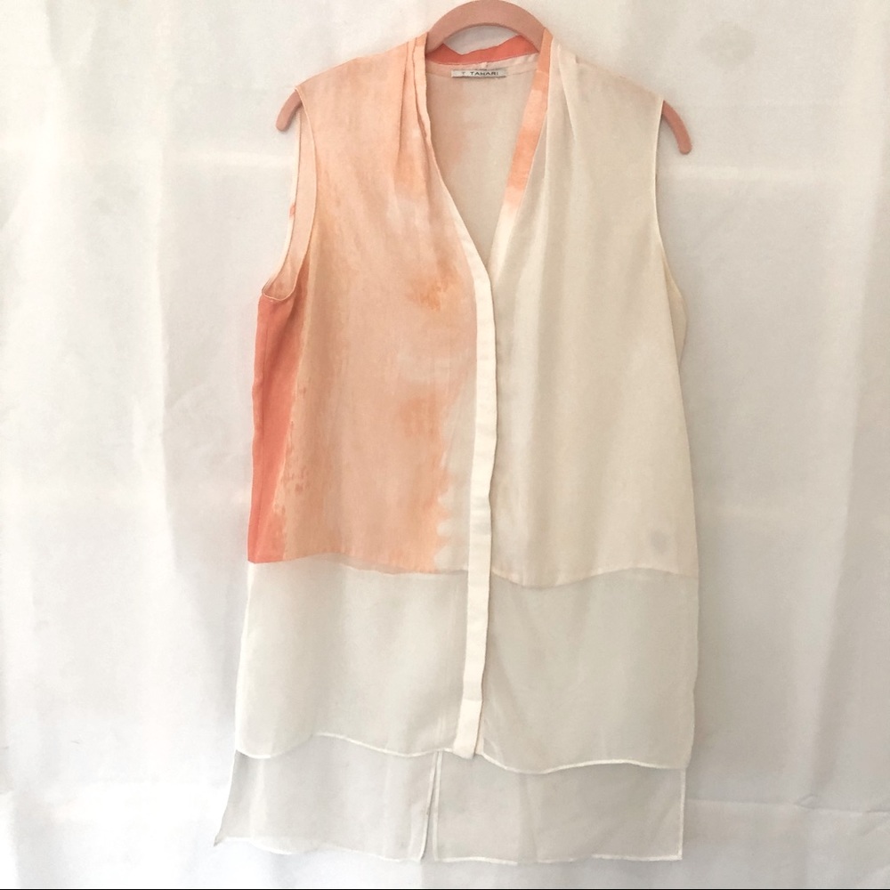 Tahari Sleeveless Shirt Vest Sheer Blouse White Peach and Cream Womens Medium